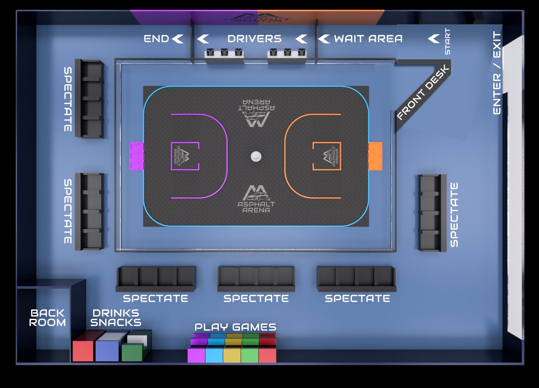 Top-down plan of the Asphalt Arena venue layout